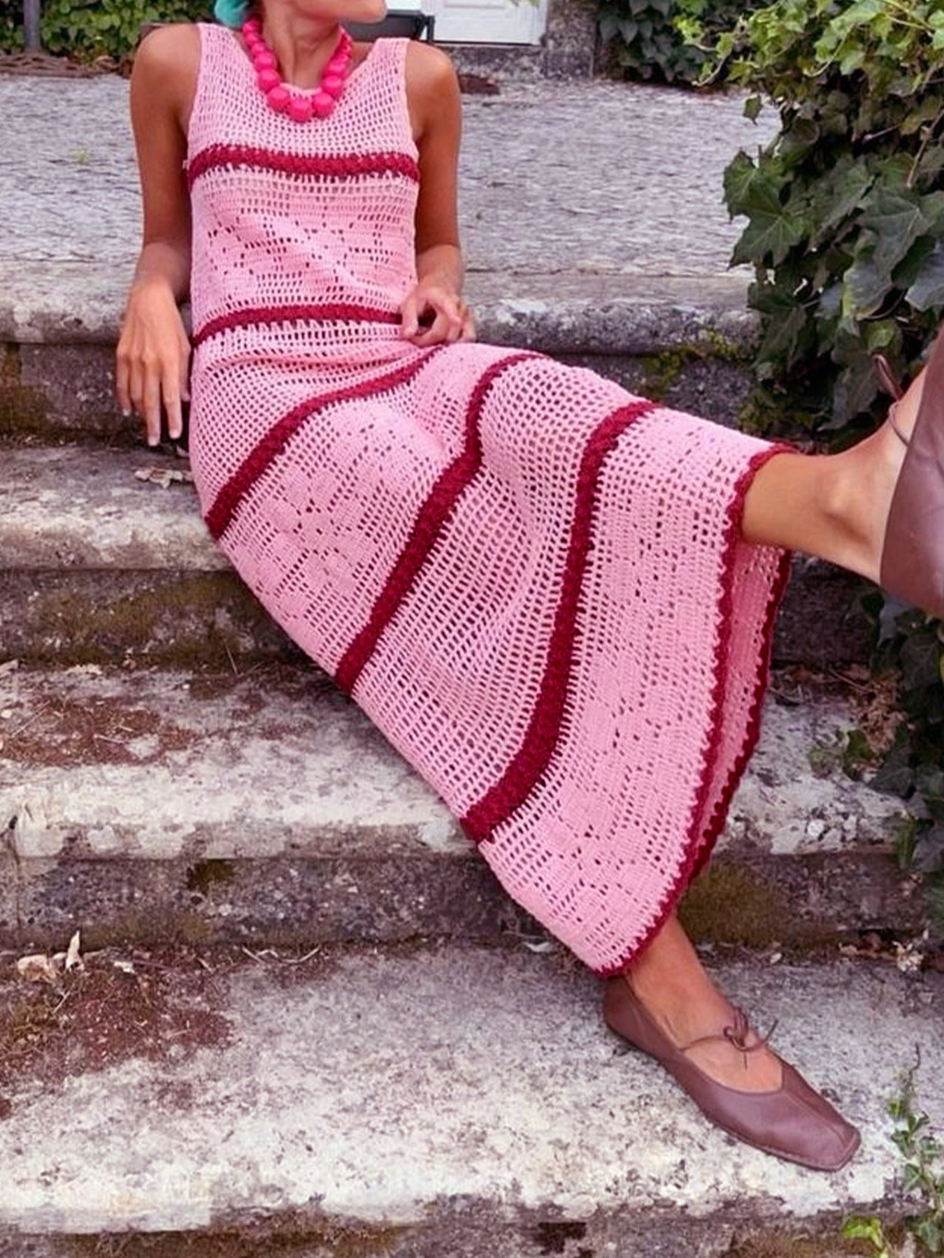 Knitted Sweater Contrast Color Vest Hollow Dress