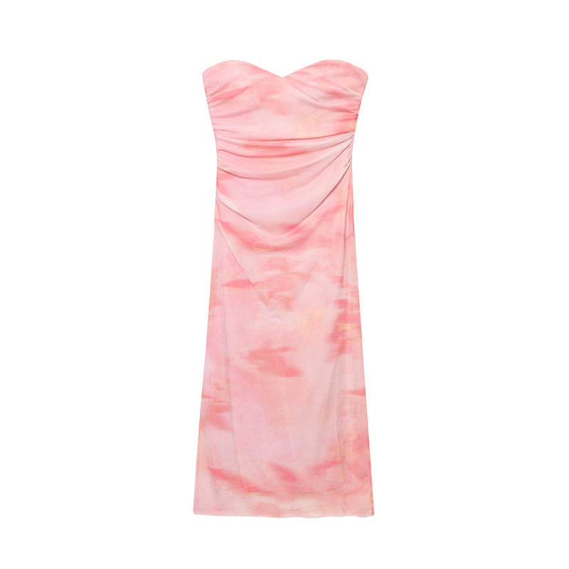 New Summer Ethnic Print Floral Silk Net Tube Top Dress