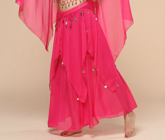 Belly Dance Hanging Coin Skirt Chiffon Big Hem Dress