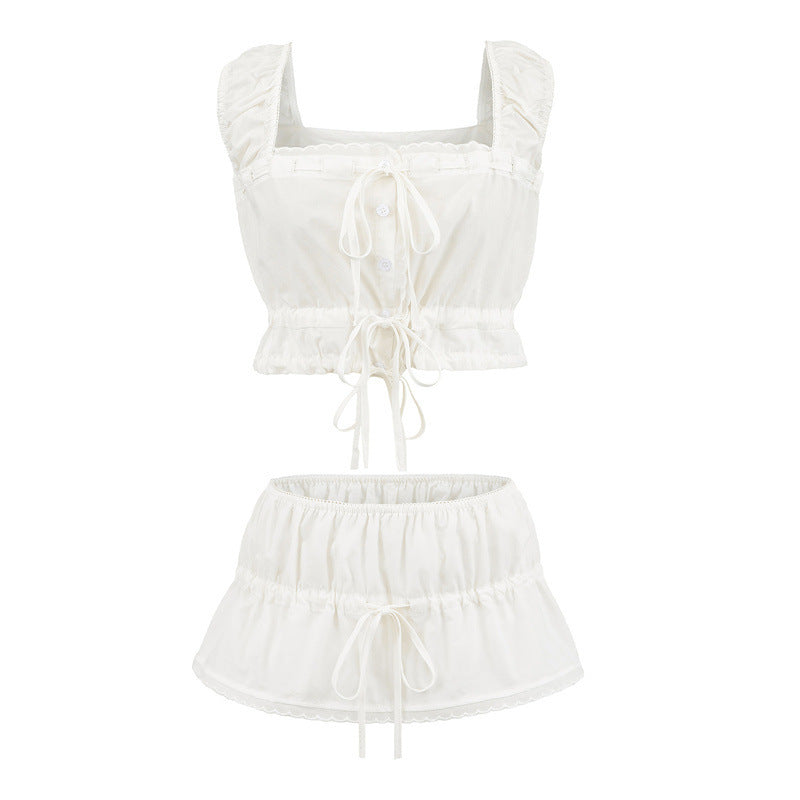 New Summer Lace Bow Drawstring Small Top Lace Elastic Short Pantskirt Skirt Suit