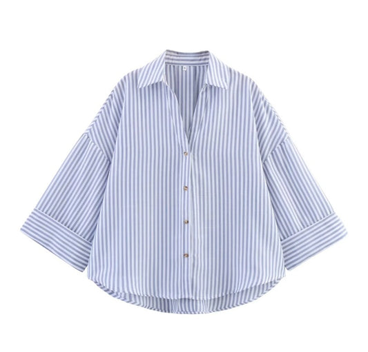 Women's Striped Lapel Shirt - Casual Wide Sleeve Blouse for All-Matching Outfits