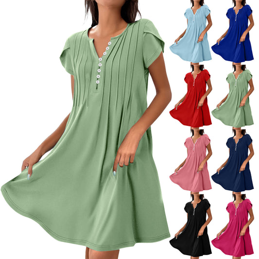Women's V-Neck Solid Color Button Dress – Casual Comfort Pullover Midi Dress
