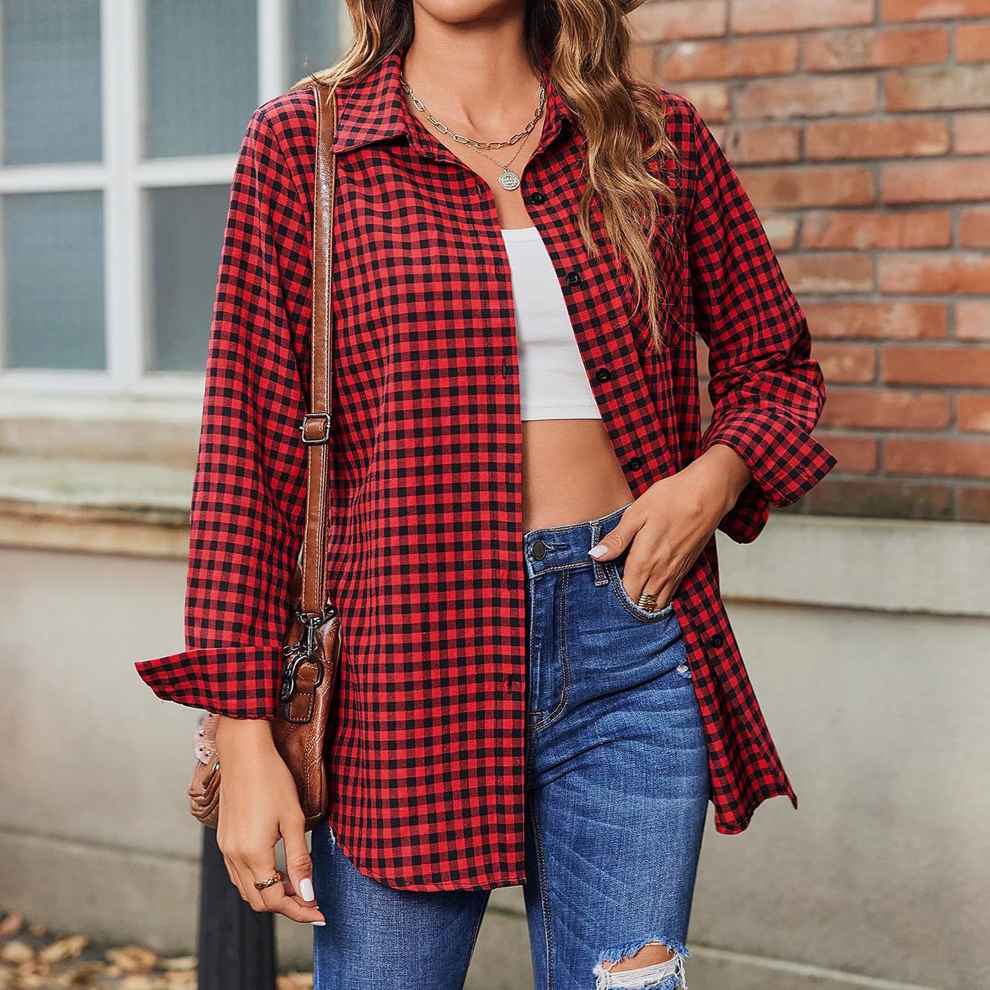 Women's Plaid Print Shirt - Lapel Collar Loose Fit Long Sleeve Blouse