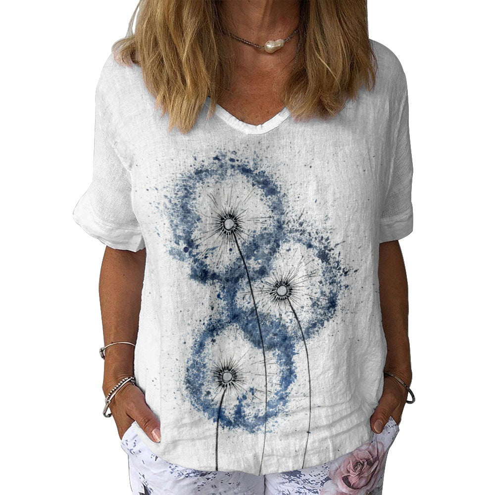 Women's Color 3D Digital Printed V-neck Short Sleeve