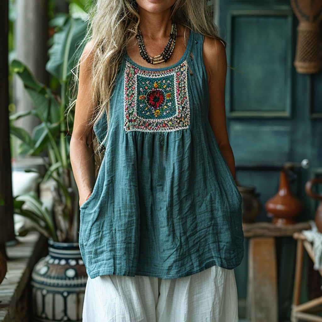 Women's Retro Loose Breathable Ethnic Style V-neck Vest Top