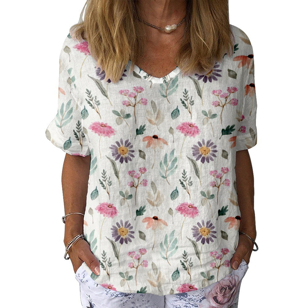 Women's Color 3D Digital Printed V-neck Short Sleeve