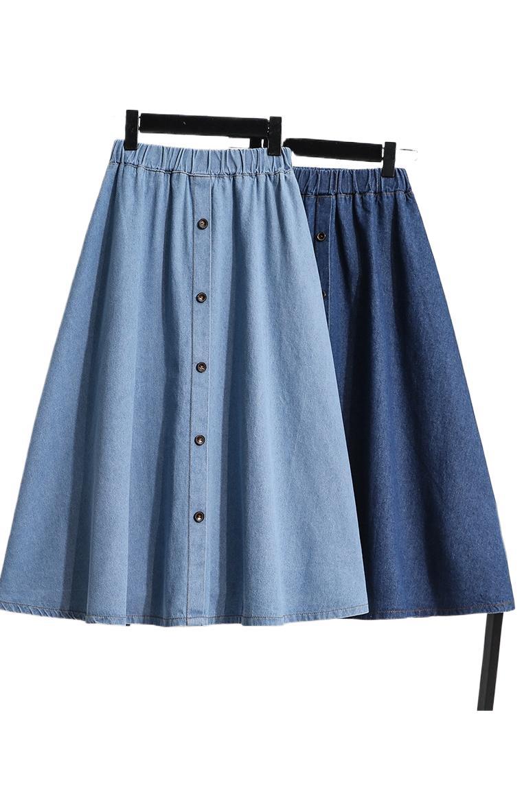 Plus Size Blue Denim Skirt – Elastic Waist, Double-Breasted Design