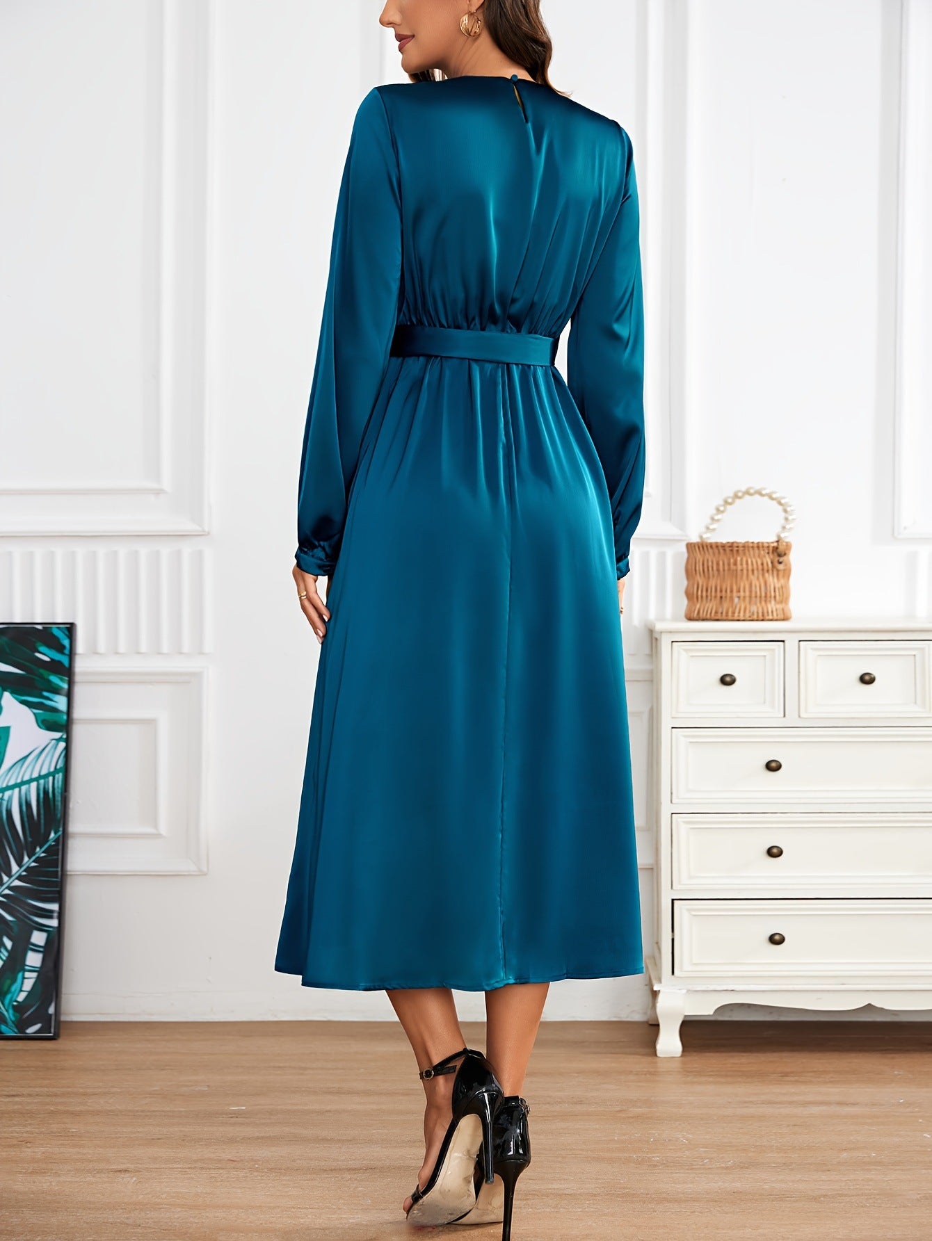 Satin Crew Neck Elegant Long Sleeve Tie Waist A-line Dress