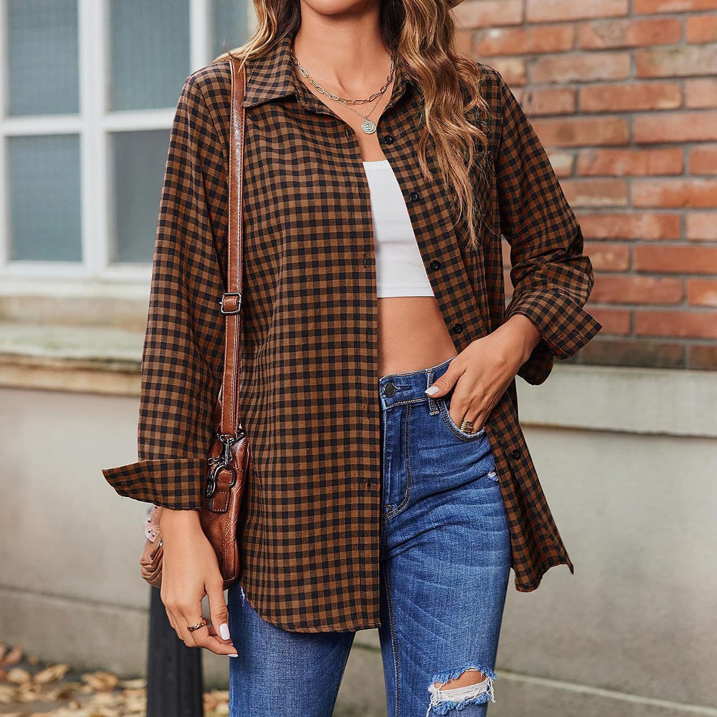 Women's Plaid Print Shirt - Lapel Collar Loose Fit Long Sleeve Blouse