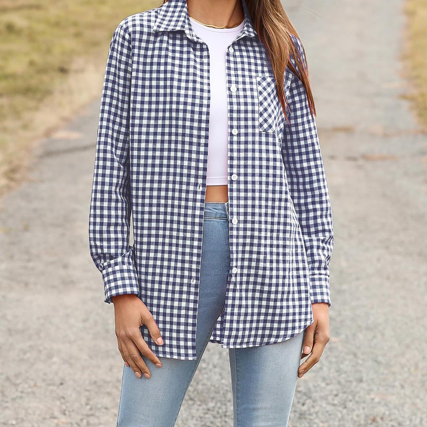 Women's Plaid Print Shirt - Lapel Collar Loose Fit Long Sleeve Blouse