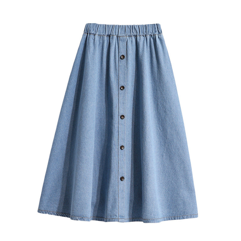 Plus Size Blue Denim Skirt – Elastic Waist, Double-Breasted Design