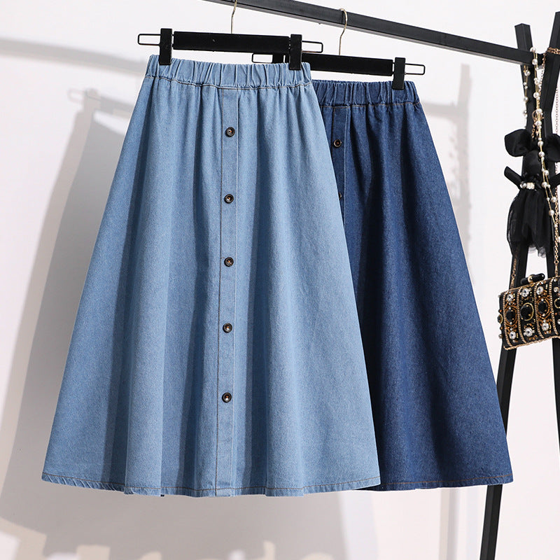 Plus Size Blue Denim Skirt – Elastic Waist, Double-Breasted Design