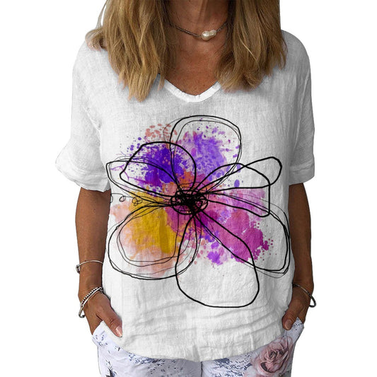 Women's Color 3D Digital Printed V-neck Short Sleeve