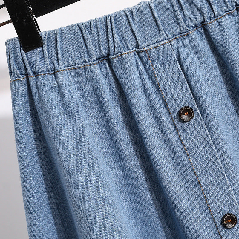 Plus Size Blue Denim Skirt – Elastic Waist, Double-Breasted Design