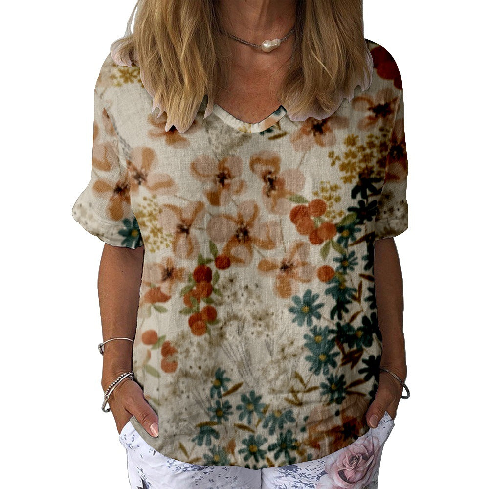 Women's Color 3D Digital Printed V-neck Short Sleeve