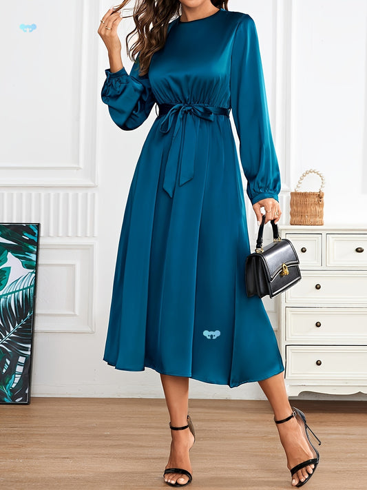 Satin Crew Neck Elegant Long Sleeve Tie Waist A-line Dress