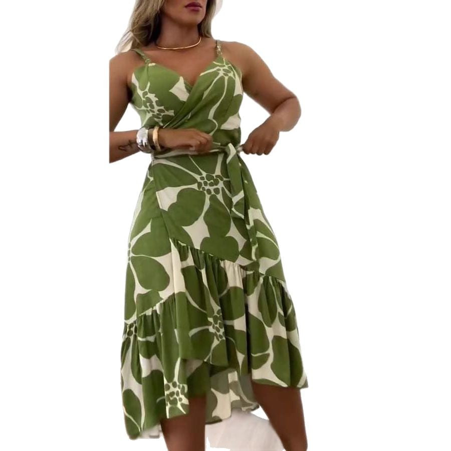 Elegance Women's Cross Collar Belt Floral Print Dress