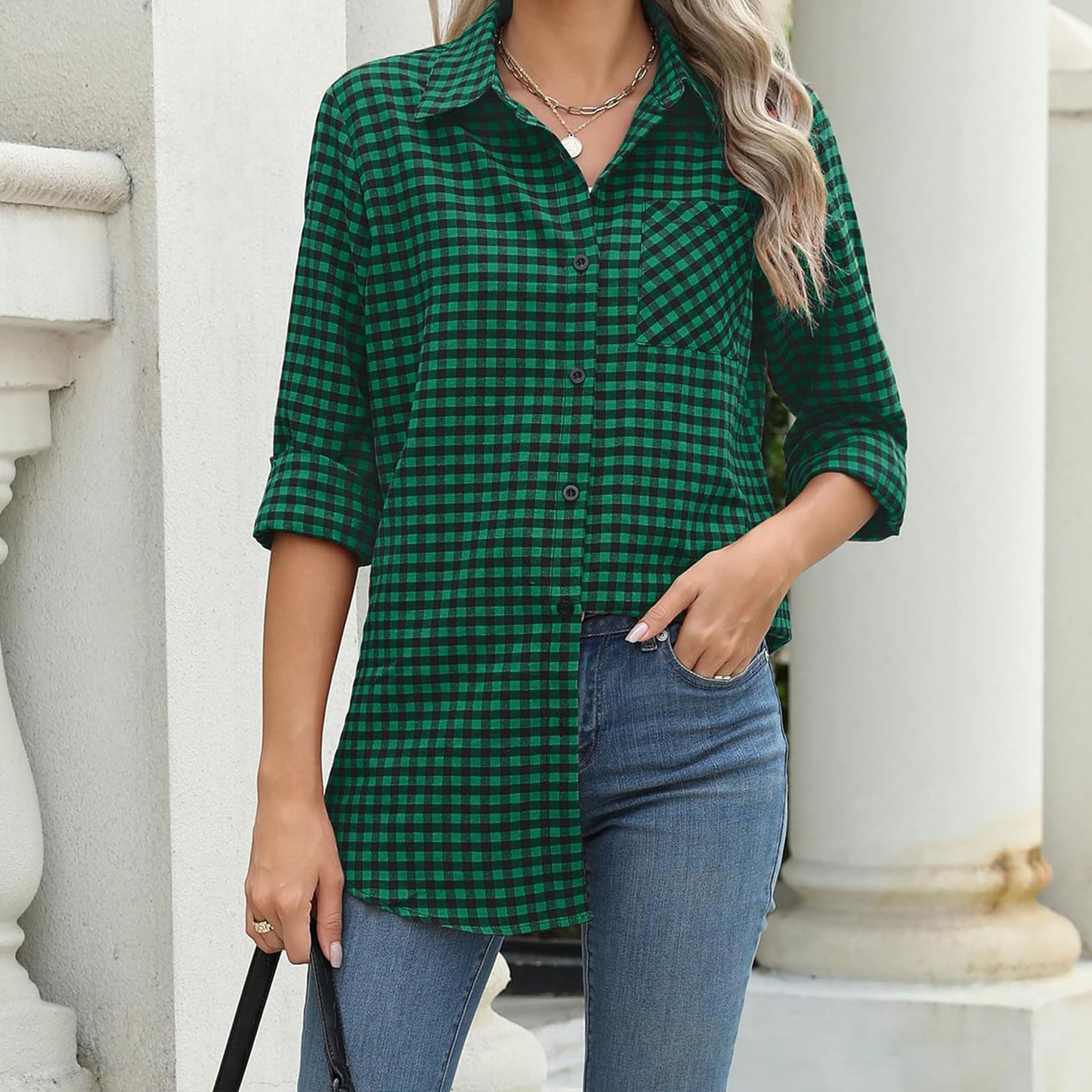 Women's Plaid Print Shirt - Lapel Collar Loose Fit Long Sleeve Blouse