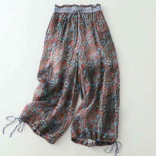 Women's Cotton Linen Retro Print Pants – Loose Fit Casual Trousers for Everyday Wear