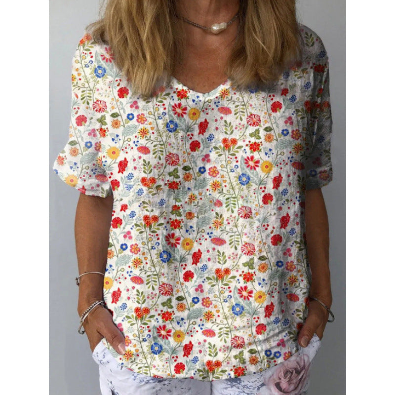 European And American Printed Shirt Casual Round Neck Fashion