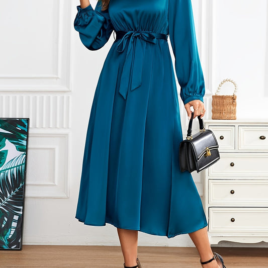 Satin Crew Neck Elegant Long Sleeve Tie Waist A-line Dress
