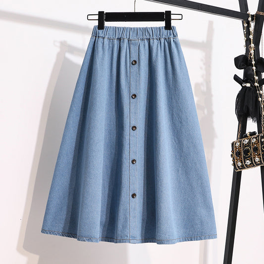 Plus Size Blue Denim Skirt – Elastic Waist, Double-Breasted Design