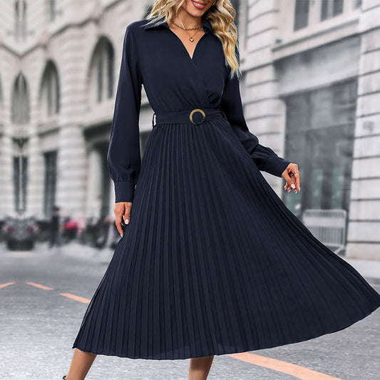 Women's Pleated Shirt Dress – Long Sleeve Lapel Collar Midi Dress