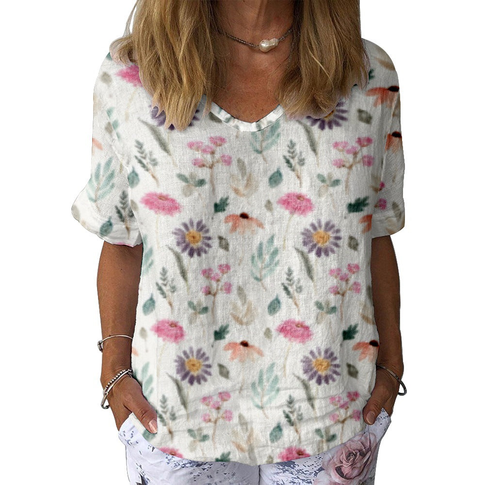 Women's Color 3D Digital Printed V-neck Short Sleeve