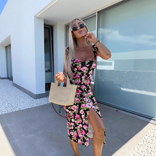 Women's French Flower Print Dress – Sleeveless Split Hem Summer Dress