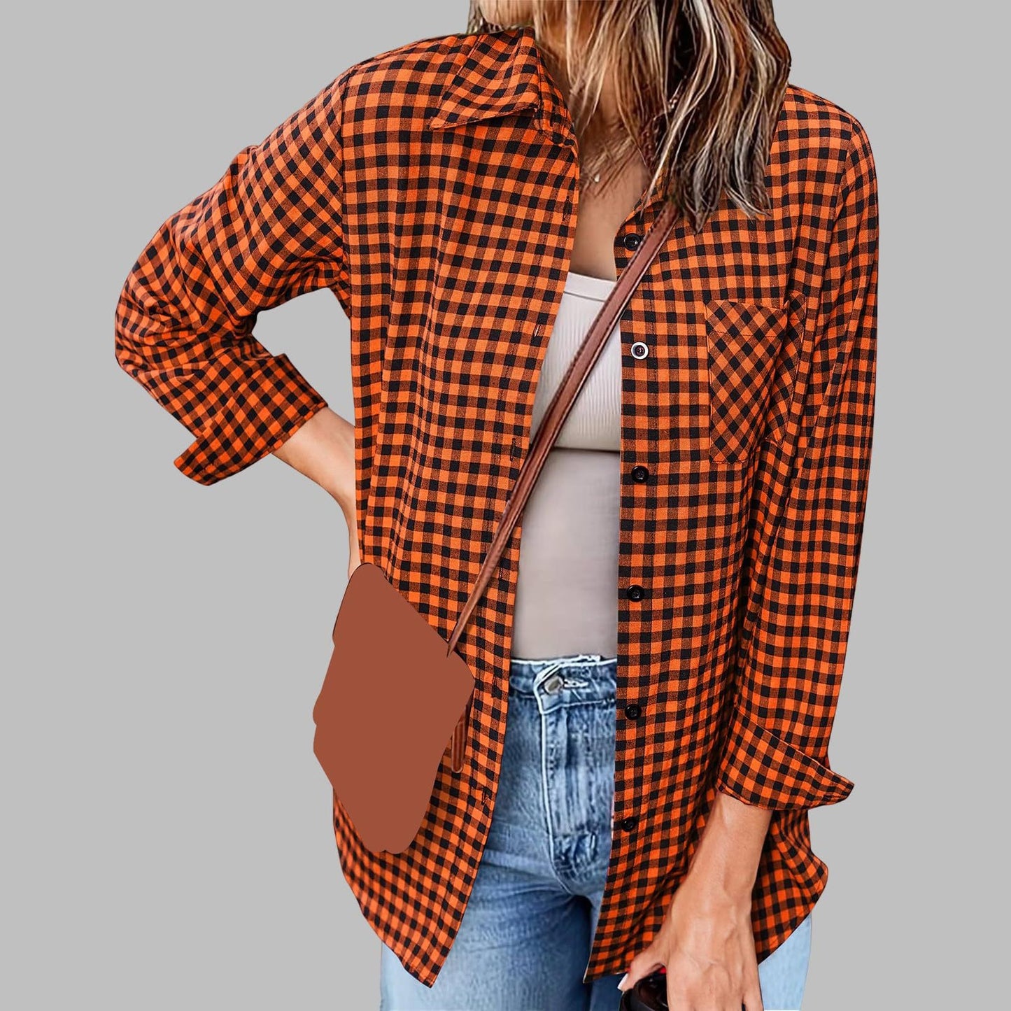 Women's Plaid Print Shirt - Lapel Collar Loose Fit Long Sleeve Blouse