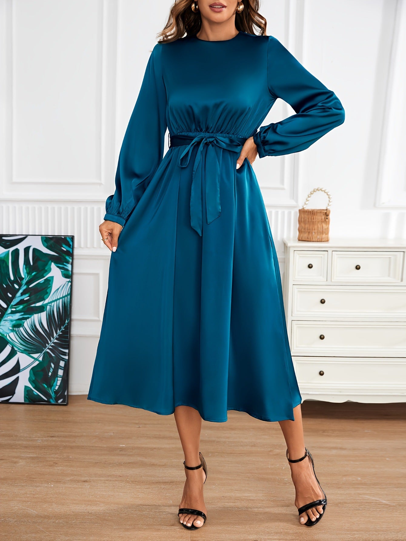 Satin Crew Neck Elegant Long Sleeve Tie Waist A-line Dress