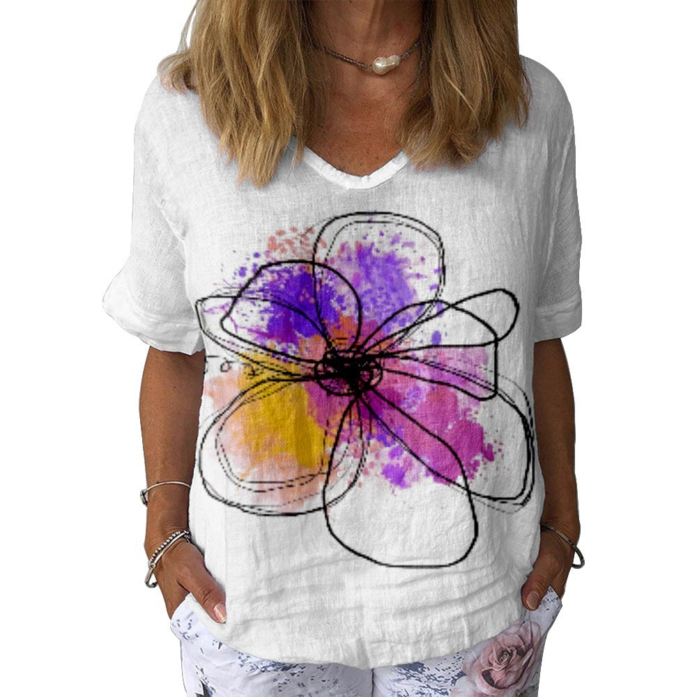 Women's Color 3D Digital Printed V-neck Short Sleeve