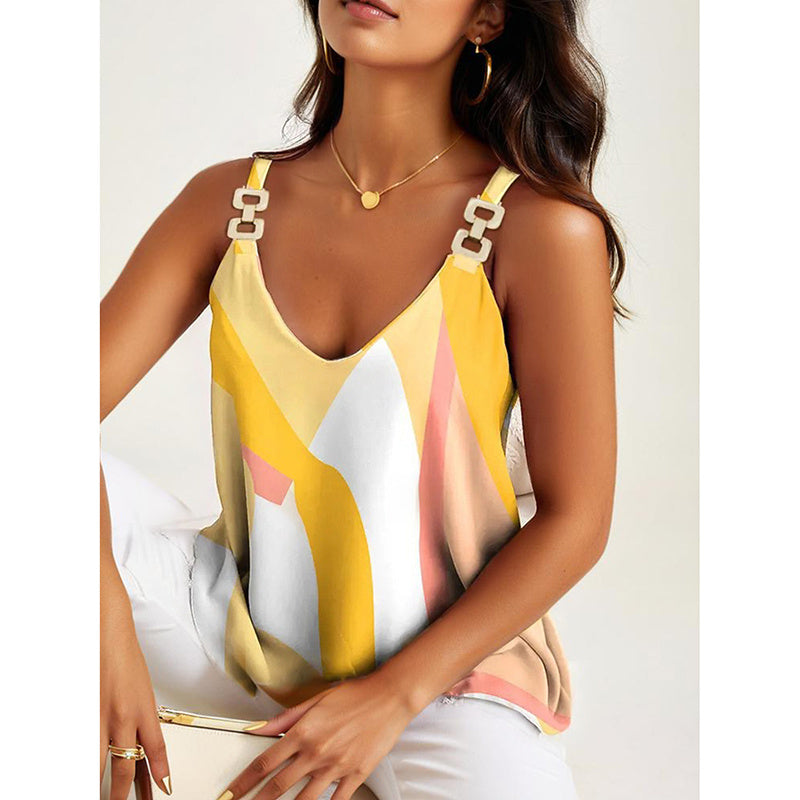 Summer Tank Tops For Women V Neck Chain Straps Sleeveless Top Loose Fit Casual Stripe Shirts Blouse