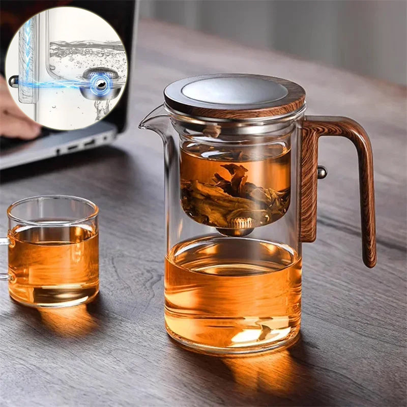 Magnetic Separation Glass Teapot – One-Click Tea Filter Pot with Wooden Handle & Inner Infuser