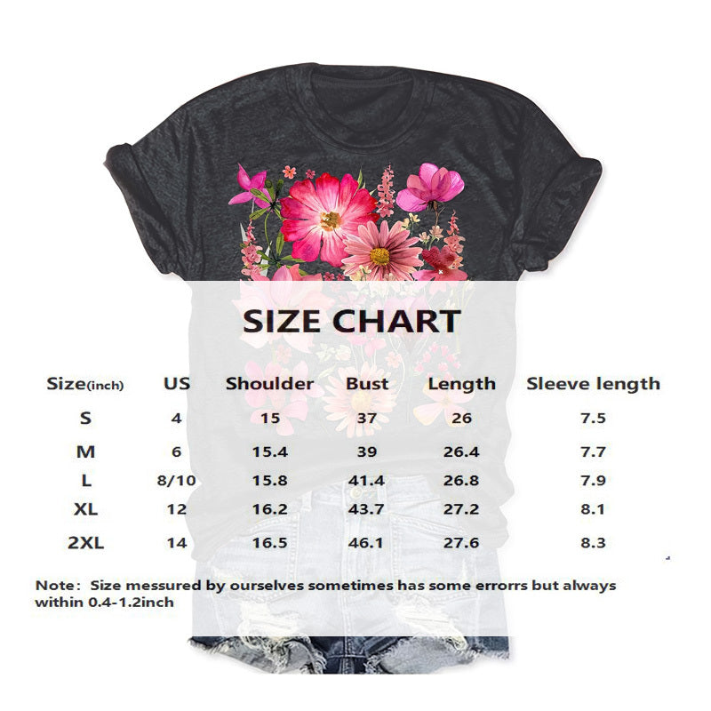 Women's Colorful Floral Print T-Shirt – Round Neck Short Sleeve Summer Casual Top