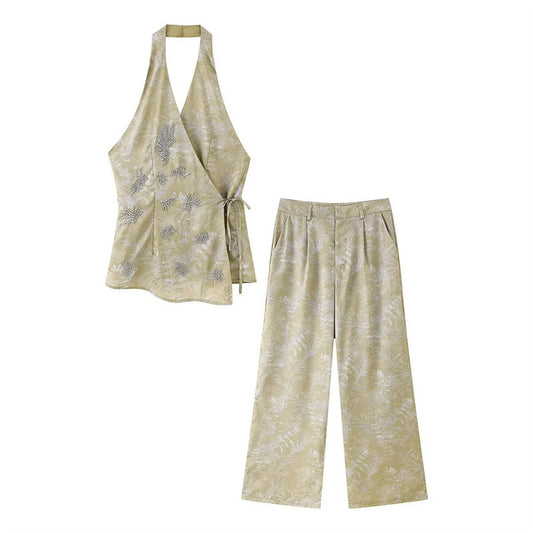 Lace-up Waist Beaded Embroider Jacket Ethnic Print Trousers Suit