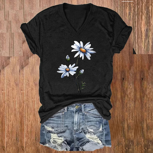 Women's Daisy Print V-Neck T-Shirt – Short Sleeve Summer Casual Tee
