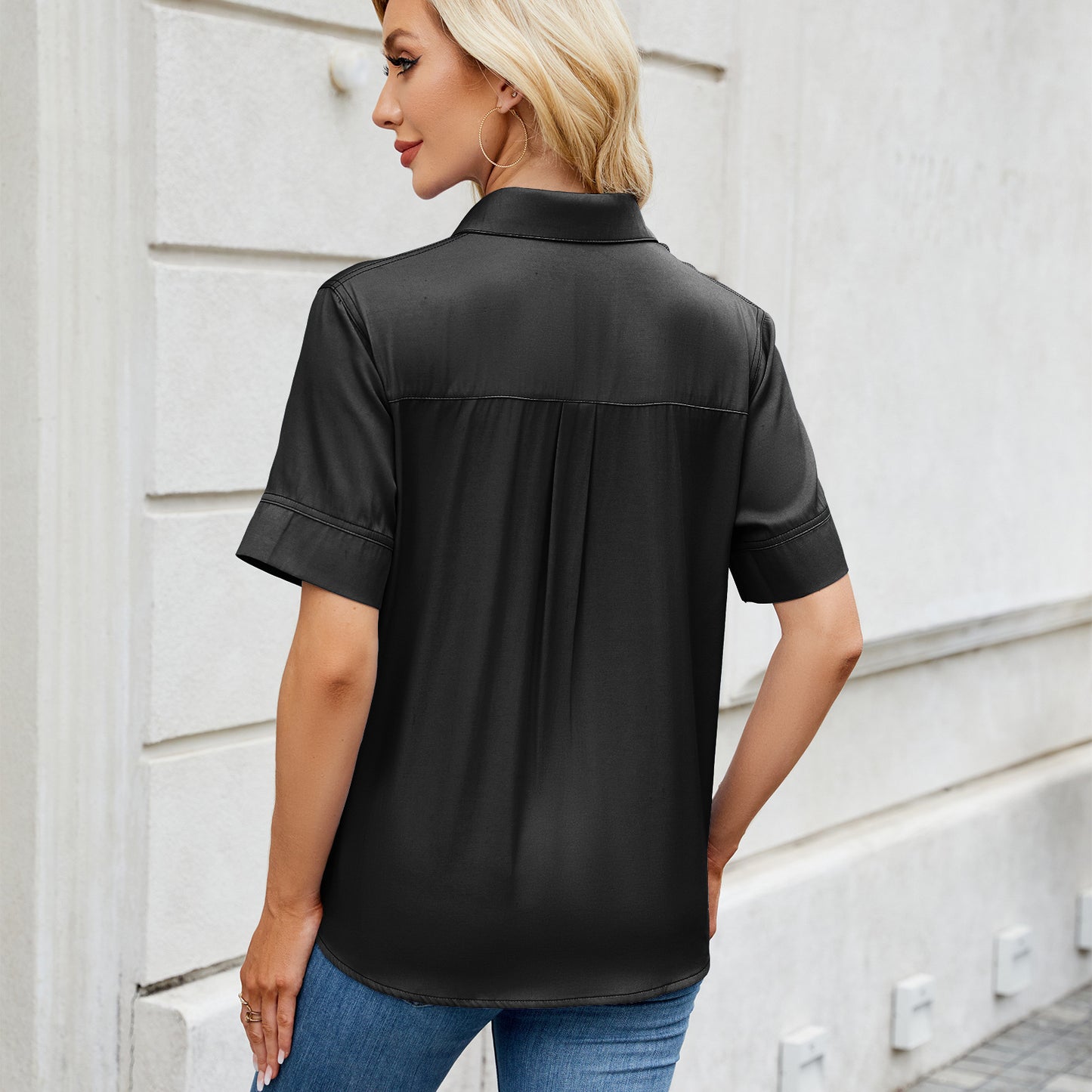 Women's One Breasted Faux Denim Short Sleeve Loose Shirt