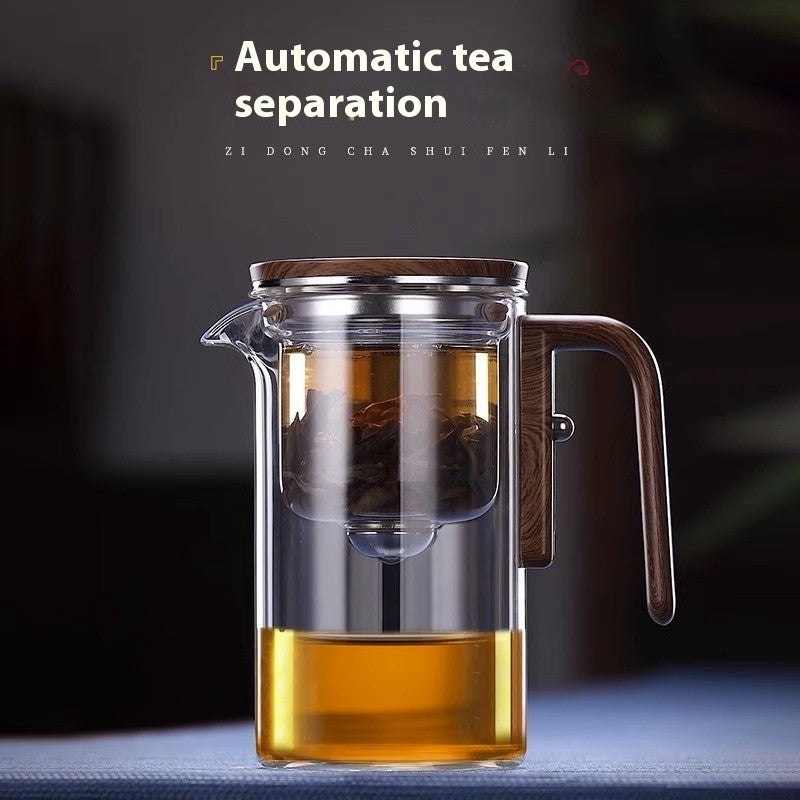 Magnetic Separation Glass Teapot – One-Click Tea Filter Pot with Wooden Handle & Inner Infuser