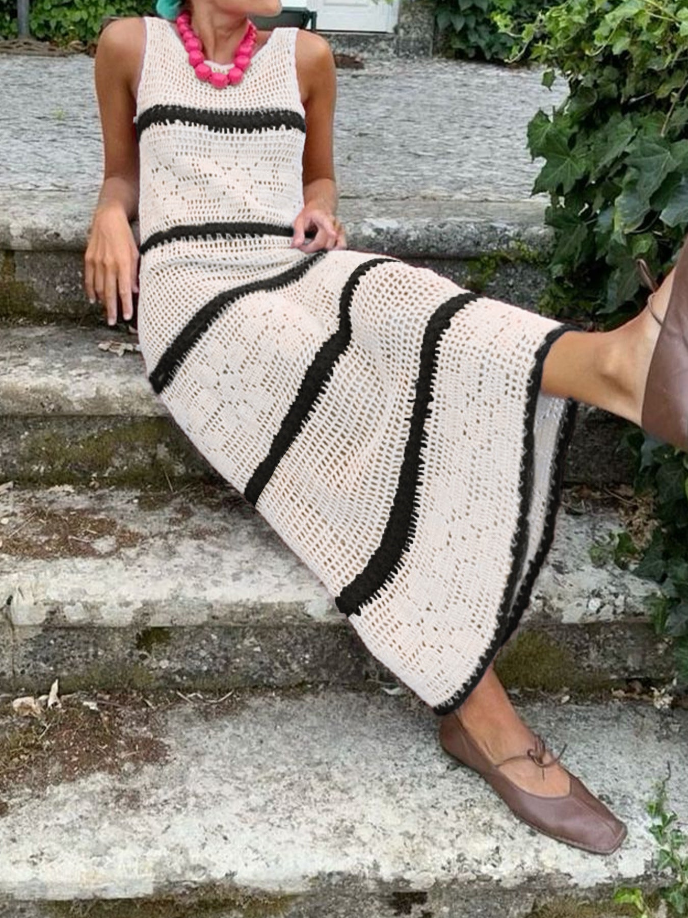 Knitted Sweater Contrast Color Vest Hollow Dress