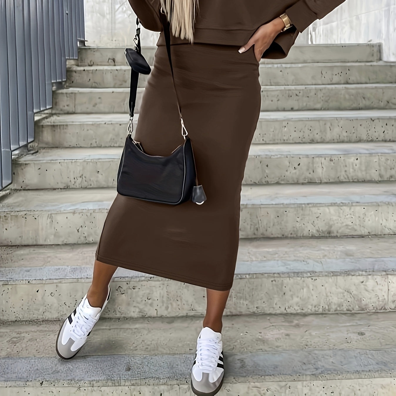 Women's Solid Color Deep V-Neck Top & Sleeveless Dress Set – Stylish Two-Piece Outfit