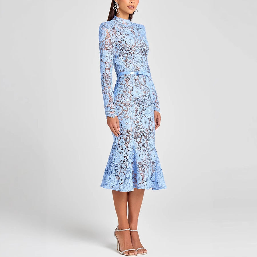 Women's Slim Fit Fishtail Lace Dress – Sheer Long Sleeve Belted Hollow-Out Evening Gown