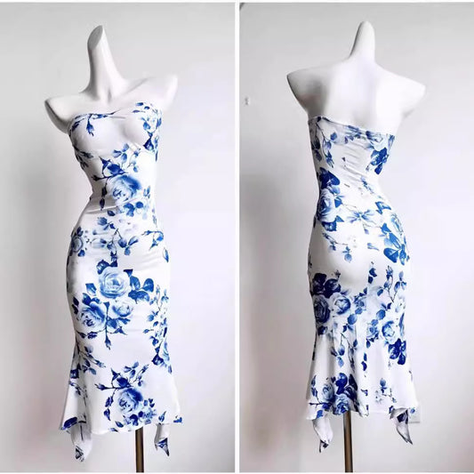 Chinese Print Tube Top Dress Blue And White Porcelain Sheath Fishtail Skirt