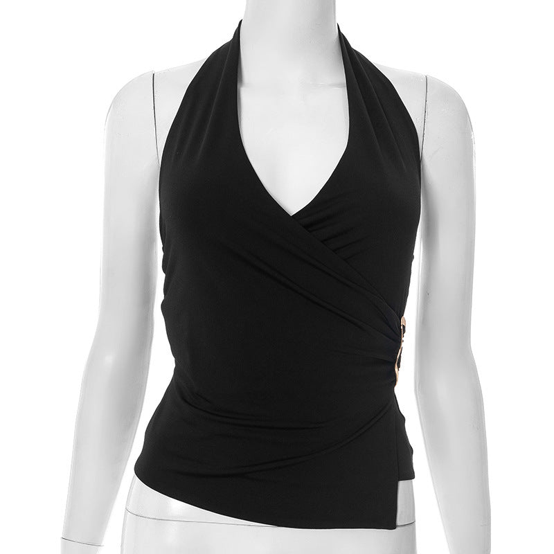 Women’s V-Neck Sleeveless Pleated Crop Top – Navel-Length Suspender Style