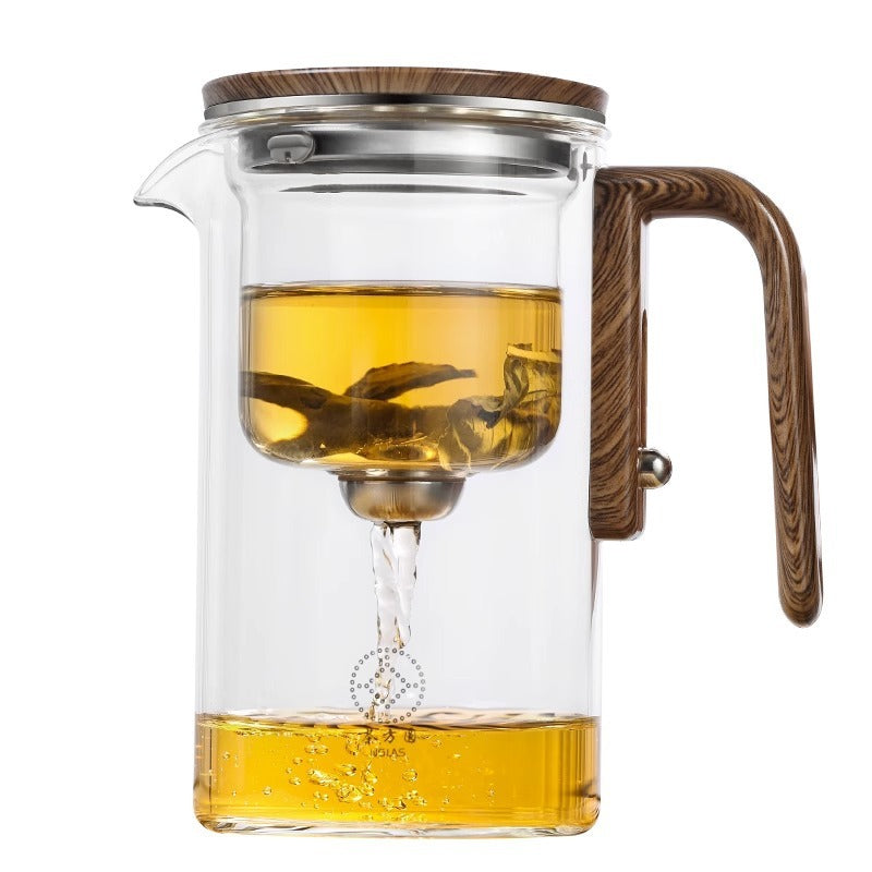Magnetic Separation Glass Teapot – One-Click Tea Filter Pot with Wooden Handle & Inner Infuser