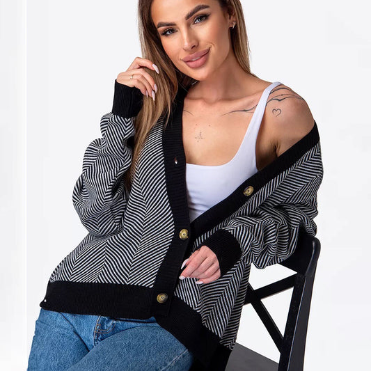 Women's Contrast Striped Sweater Jacket – Long Sleeve Casual Knit Top