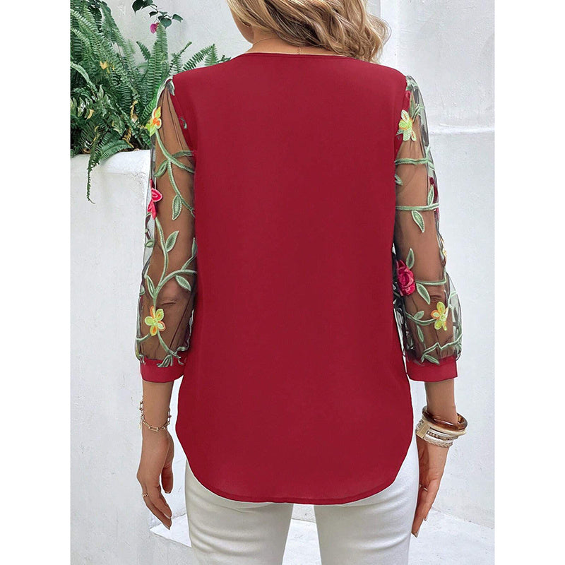 Women’s Floral Embroidered Mesh Puff Sleeve Crew Neck Tee Top
