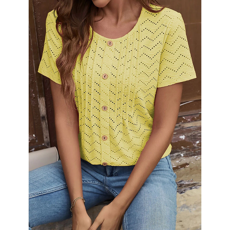 Women's Summer Pleated Button Short Sleeve T-Shirt Summer Crew Neck Solid Color Casual Top
