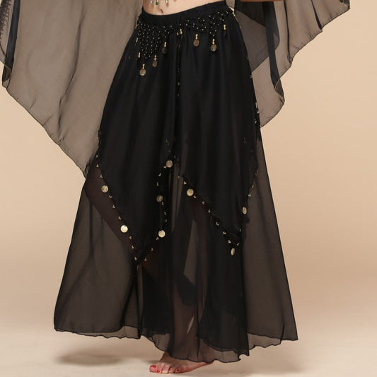Belly Dance Hanging Coin Skirt Chiffon Big Hem Dress