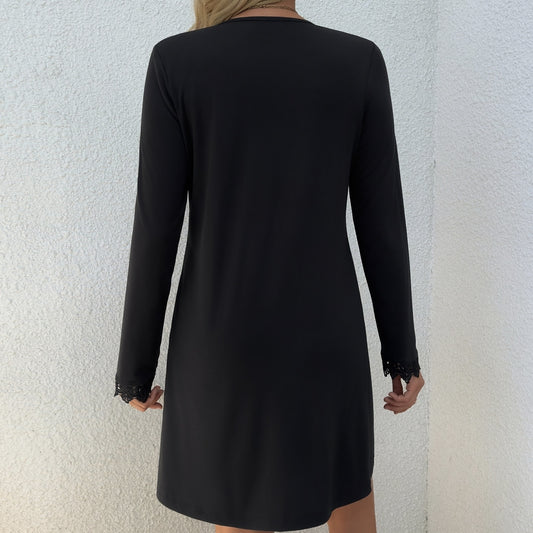 Women’s Fashionable Pleated Dress with Buttoned Flat Neck and Lace Border